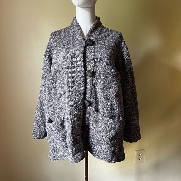 Vintage Su-Zen 100% Wool Oversized Coat Jacketโ One Size Gray Black Minimalist - Picture 2 of 8